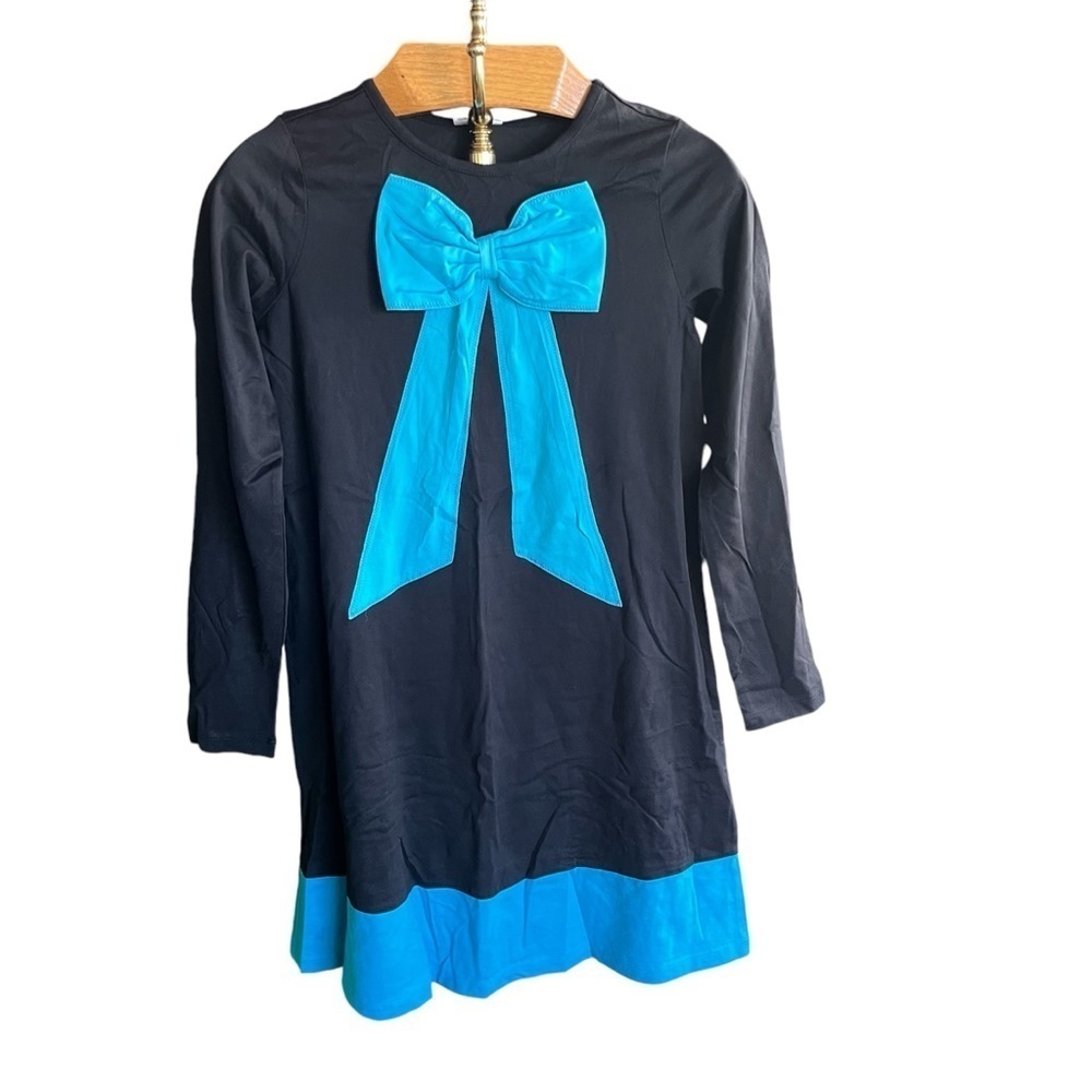 HANNA ANDERSSON ~ Black Long Sleeve Dress with Blue Bow and Trim New